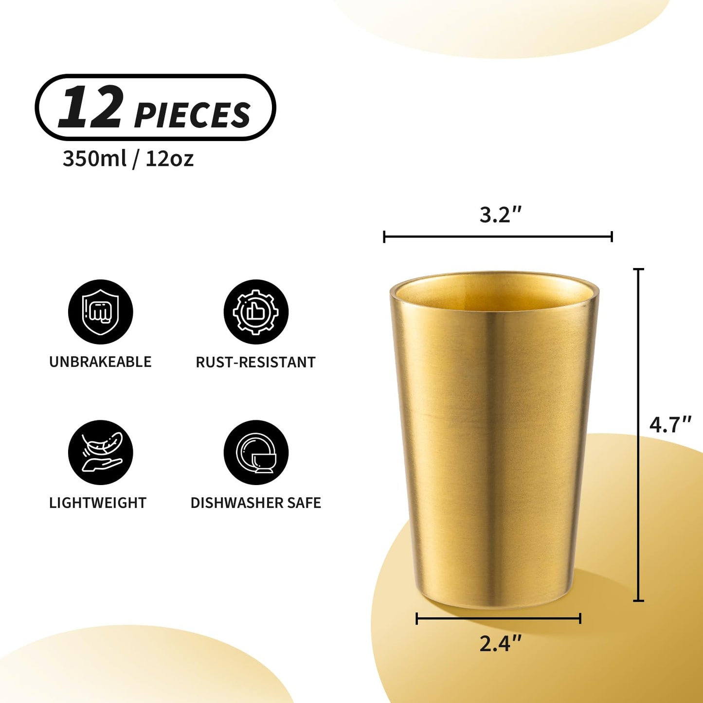 CSTOUTHOM 12 Pack 12 oz Stainless Steel Insulated Cup, Double Wall Vacuum Small Metal Cup, Reusable Camping Cups Unbreakable Indoor Outdoor for Party, Home, Office, BBQ, Gold