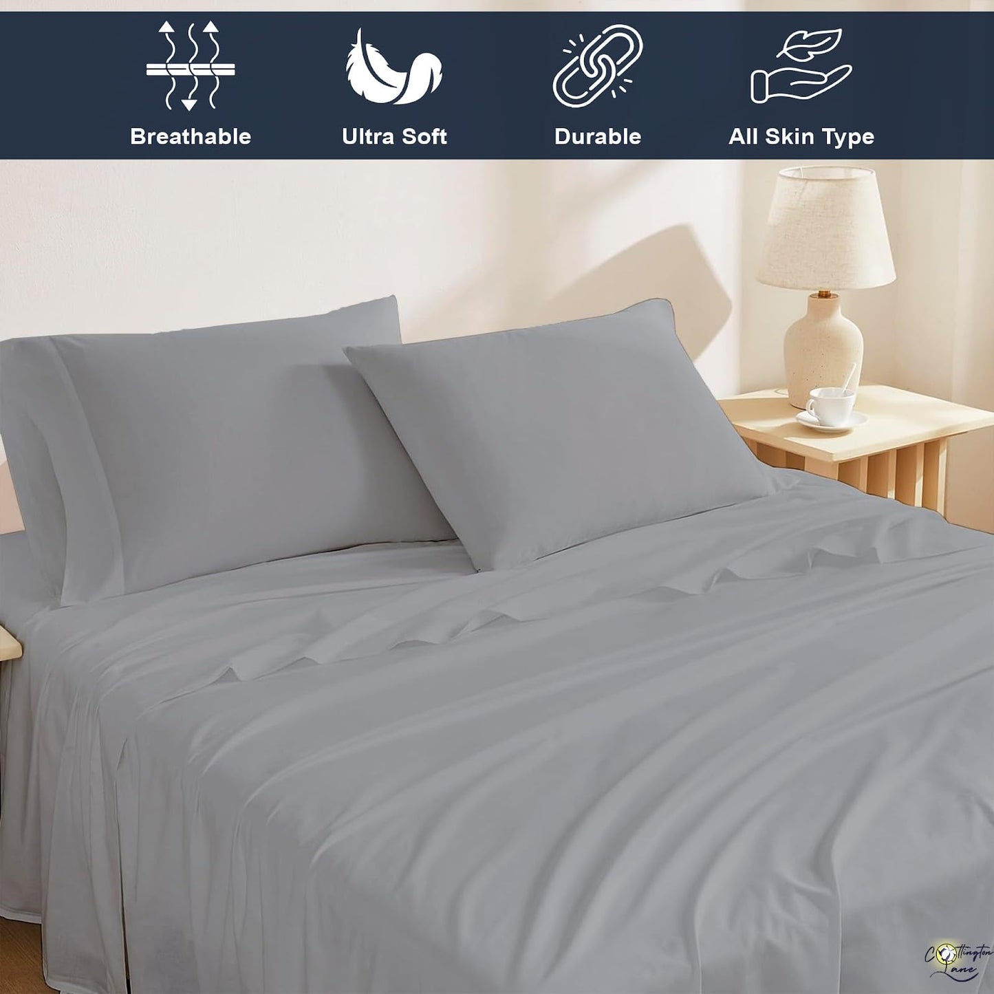 Cottington Lane 4 Piece RV King Size Sheet Set 72 x 80, Luxury Hotel Quality 100% Egyptian Cotton Bed Sheets with 16 Inch Deep Pocket Snug Fit Smooth Sateen Weave, Light Grey Solid