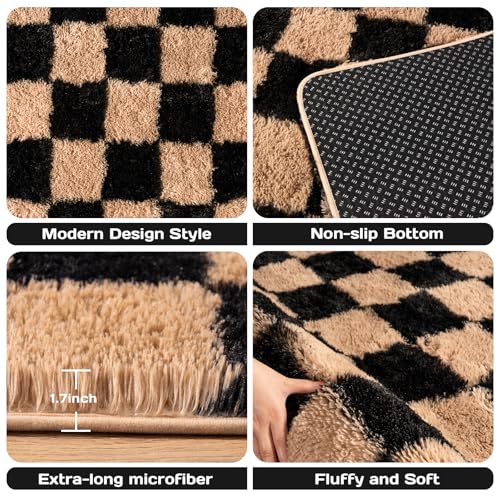 8x10 Black & Beige Fluffy Checkered Rug - Soft Microfiber Living Room & Bedroom Accent with Anti-Slip Backing - Variation: Black & Beige / 8' x 10'