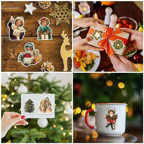 100 Pcs Christmas Stickers Non-Repeating Retro Santa Claus Stickers Christmas Decoration,Waterproof Holiday Sticker for Scrapbook,Cards,Junk Journals, Laptop,Water Bottles (Santa 100 Pcs)