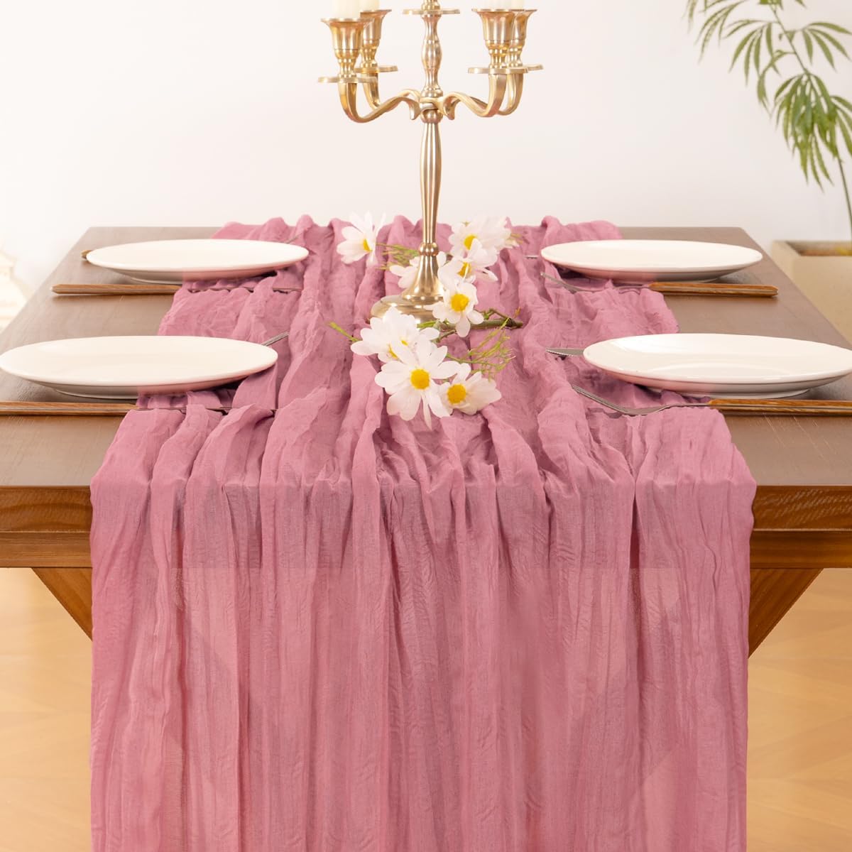 Socomi Cheesecloth Table Runner - Boho Rustic Mauve 120 Inch for Weddings, Parties & Home Decor