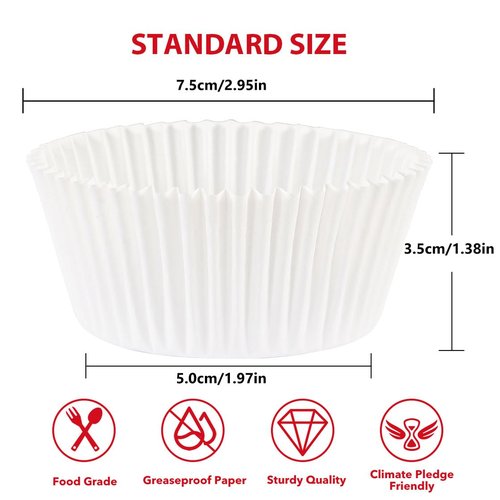 Caperci Standard White Cupcake Liners for Baking 200 Counts - Greaseproof Muffin Baking Cups for Wedding Birthday Party Baby Shower Festivals (White)