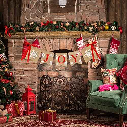Whaline Christmas Burlap Banner Joy Bunting Flag Snowflake Banner with Ribbon Bows Rustic Hanging Banner Garland for Christmas Winter Holiday New Year Party Mantel Fireplace Decoration Supplies