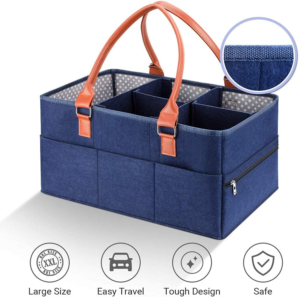 Marhynchus Large Portable Nappy Storage Basket - Detachable Divider Baby Diaper Caddy in Navy for Nursery & Travel