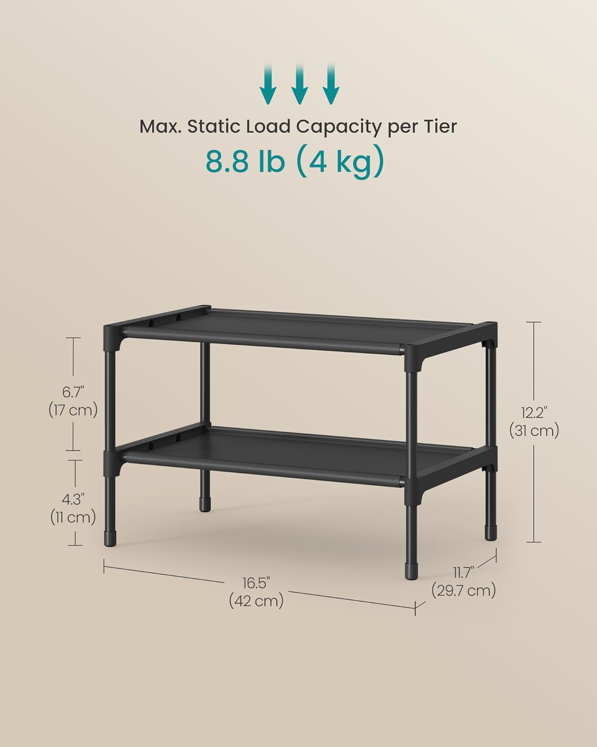 SONGMICS 2-Tier Shoe Rack - Space-Saving Organizer with Metal Frame & Non-Woven Fabric Shelves | Ink Black, 11.7 x 16.5 x 12.2 Inches