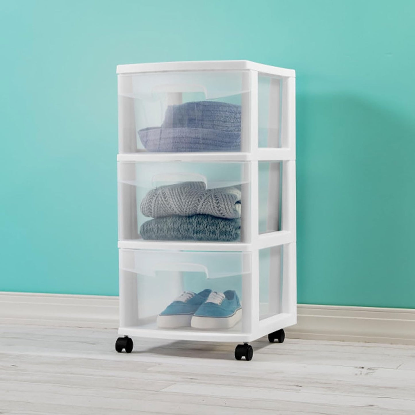 Sterilite 4 Pack Rolling Bin Cart - 3 Drawer Plastic Storage Organizer for Closet - White