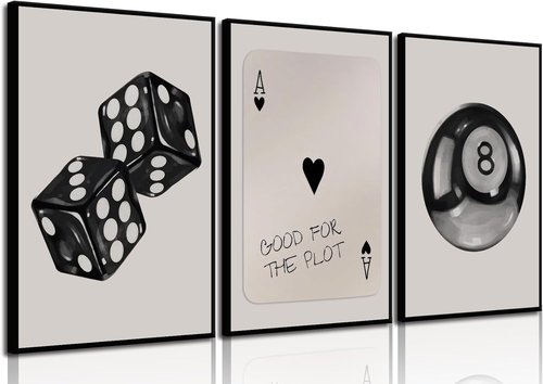 BOKPEN Black and White Poker Dice Wall Art - Retro Y2K Canvas Prints for Game Room | 12x16in Unframed