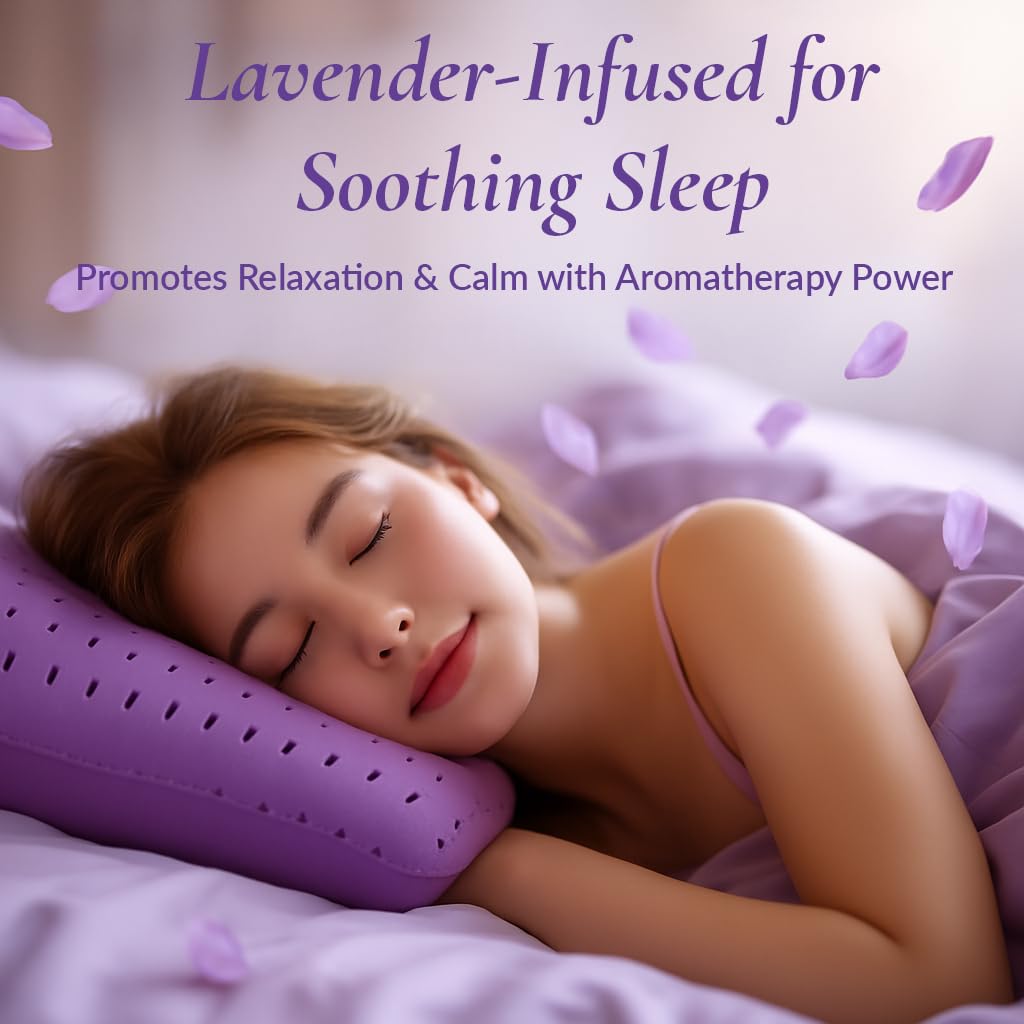OMEO 2 Pack Lavender Cooling Memory Foam Bed Rest Pillows, Ventilated Memory Foam Cooling Pillow for Stomach, Back and Side Sleeper Support, Washable Removable Cover Sleeping Pillows, 24" x 16"