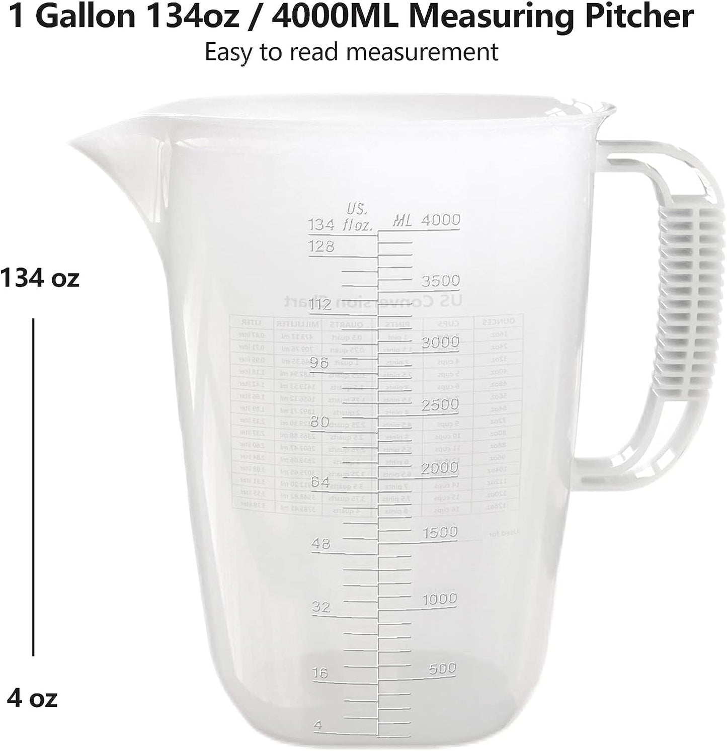 1 Gallon Measuring Pitcher-Convenient Conversion Chart,134oz Extra Large Plastic Measuring Cup-Strong Food Grade Material,Graduated Mixing Pitcher Great for Lawn,Pool Chemicals, Motor Oil and Fluids