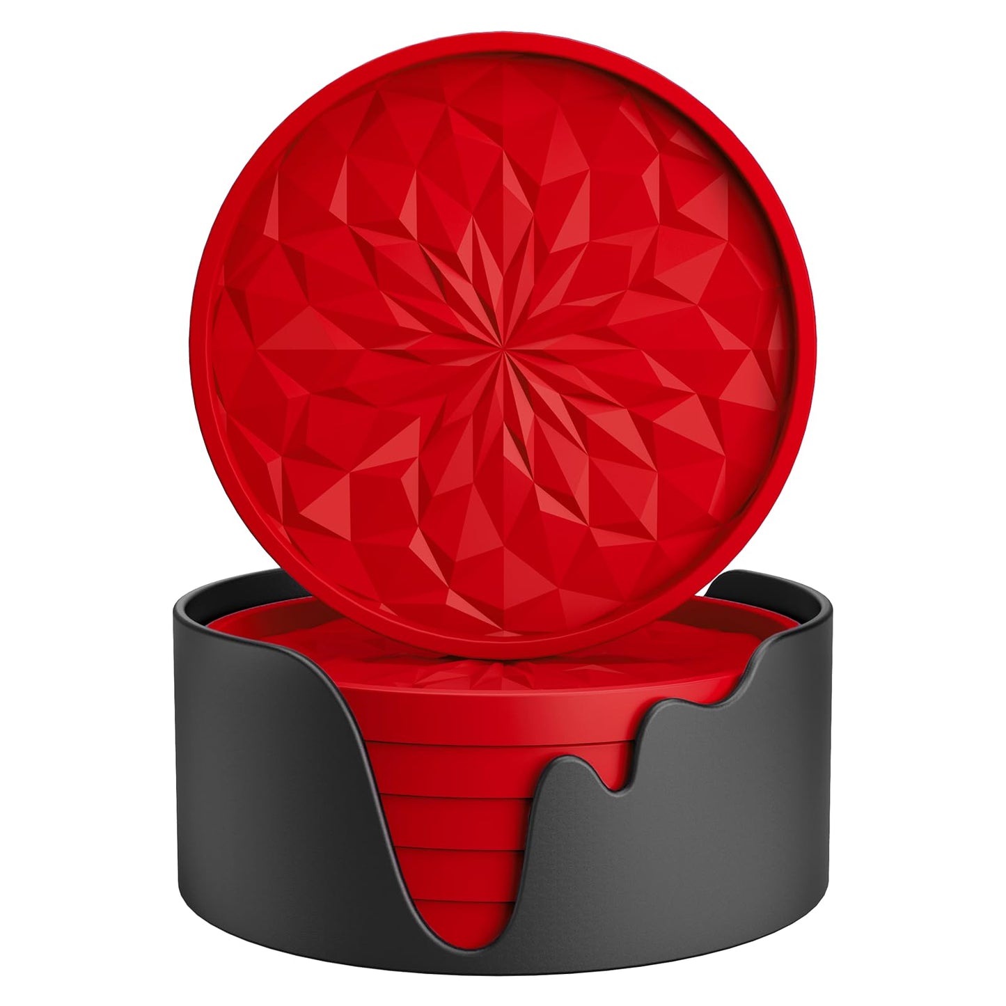 ME.FAN Silicone Coasters with Holder,[6 Pack] Drinking Coasters - Cup Mat for Hot or Cold Drinks, Thickened, Non-Slip, Non-stick,Deep Tray Red