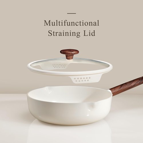 CAROTE Nonstick Frying Pan Skillet with Lid, 11" Ceramic Coating Deep Frying Pan, 5QT Saute Pan with Colander Lid and Spatula, Non-toxic Healthy PFOA Free, Induction Compatible, Cream White