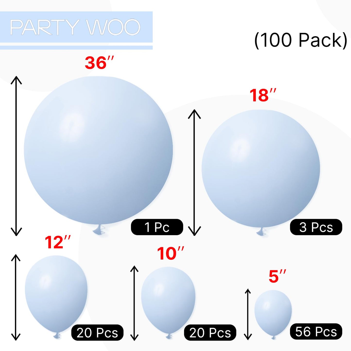 PartyWoo Baby Blue Balloons 100 pcs Different Sizes of 36 18 12 10 5 Inch Light Pastel Sky Aqua Blue Balloon Arch Kit Garland for Graduation Baby Shower Gender Reveal Party Decorations Blue-Q13