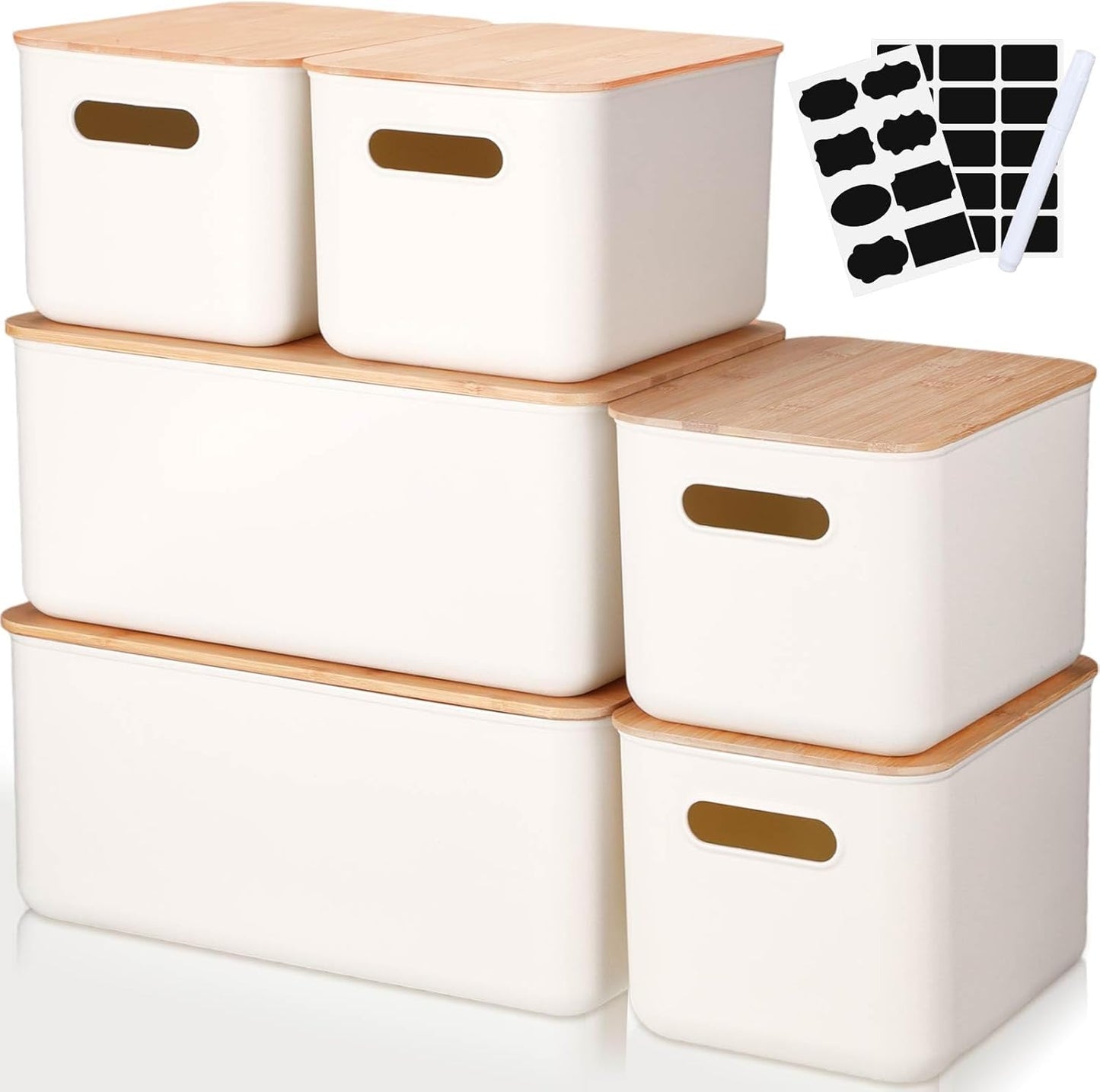 Suzile Plastic Storage Bins - 6 Pack Stackable Containers with Bamboo Lids for Organizing Ornaments & Documents | Multiple Sizes