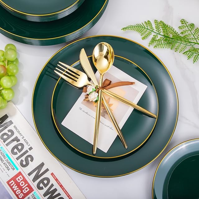 Green Gold 150Pcs Premium Disposable Plastic Plates for Wedding, BPA Free