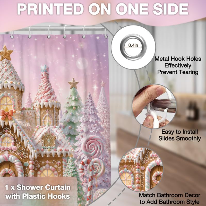 Pink Kahki Christmas Shower Curtain 72x78 Inch Winter Gingerbread House with Hooks