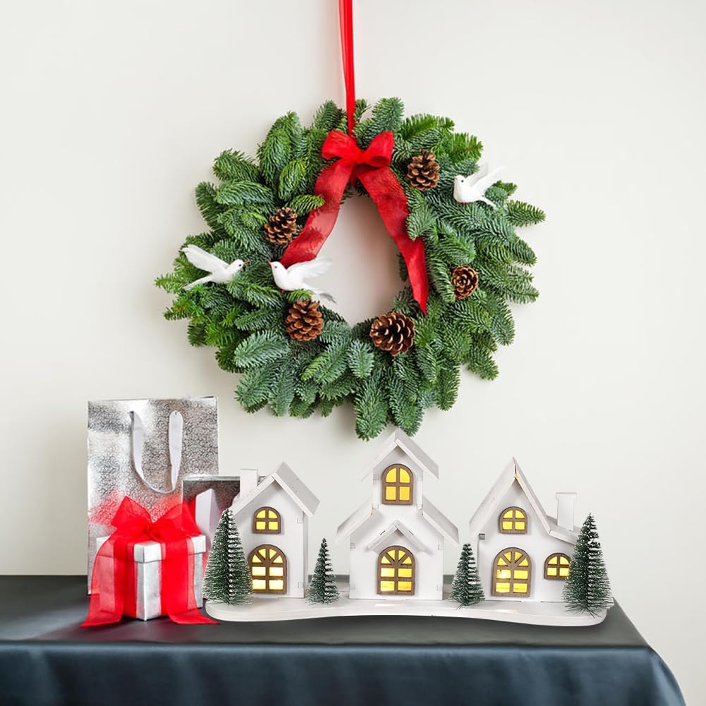 Skiennix White Christmas Village House Decoration - LED Lights & Wooden Centerpiece | Mini Winter Town Tabletop Decor
