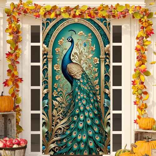 Peacock Door Cover Happy Diwali Photo Backdrop Indian Deepavali Festival of Lights Christmas Party Decorations and Supplies for Home-71¡¿35''