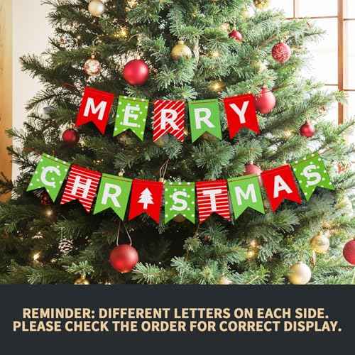 AHEONLAR Merry Christmas Banner, Red Green Xmas Decorations Paper Banner Sign With String for Fireplace/Wall/Window, Christmas Home Office Decor Banners, Christmas Party Banner for Holiday Decoration