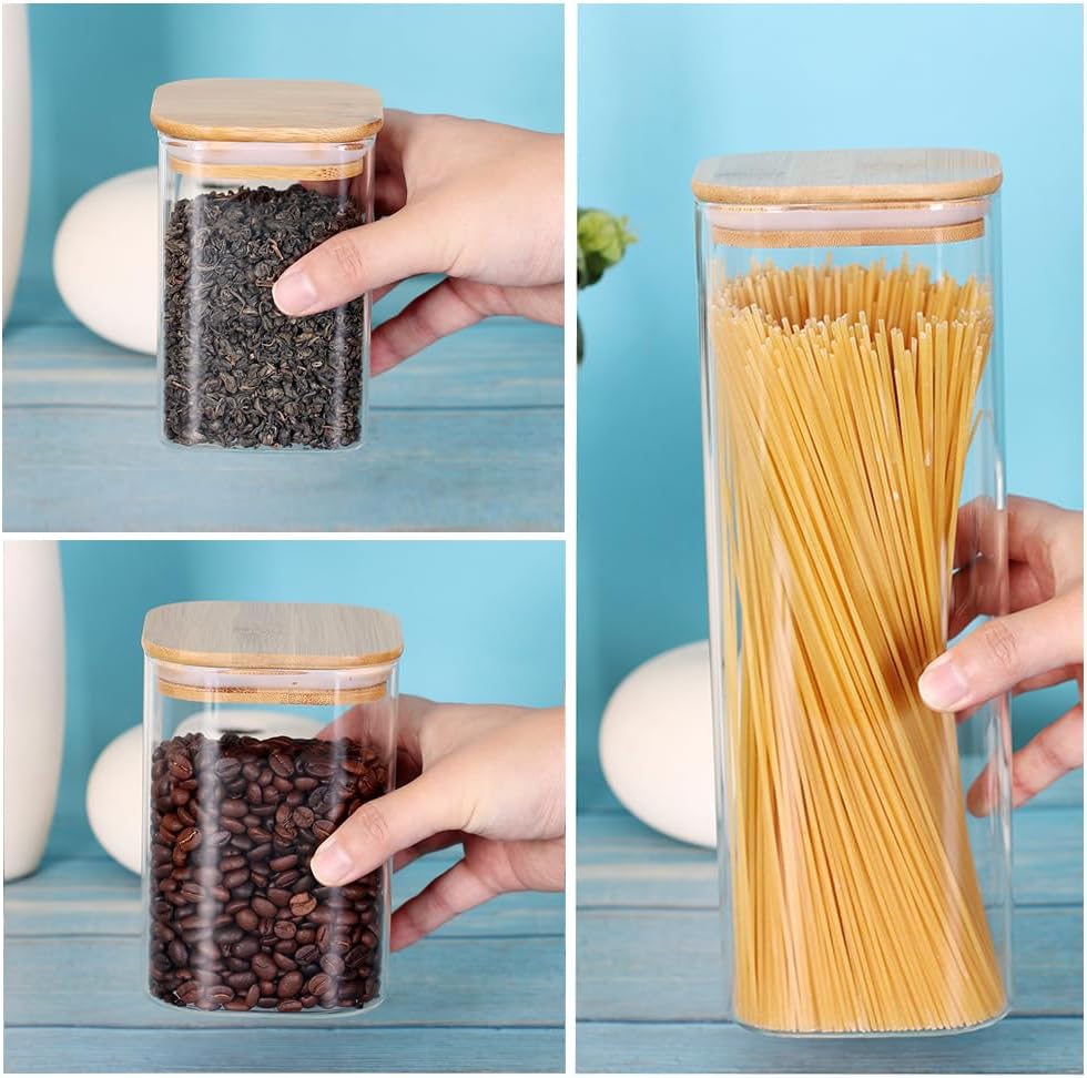 Leaves And Trees Y Glass Storage Canister Set - 7 Square Jars with Wooden Lids for Kitchen & Pantry