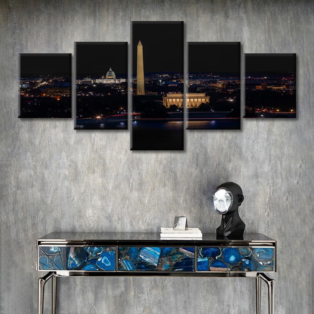 TUMOVO Black and White Cityscape Downtown Washington DC Poster Wall Art for Living Room 5 Piece Home Decor Artwork Wall Decor Living Room Framed Ready to Hang (50" Wx24 H)