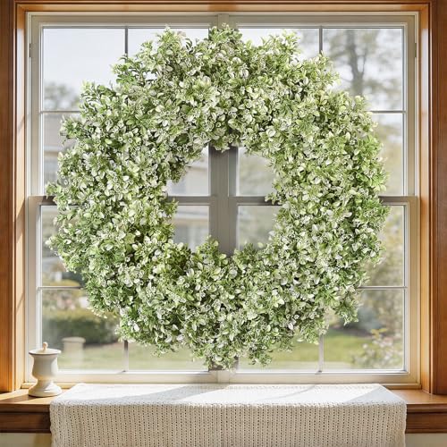 Large Artificial Boxwood Wreath for Front Door Decoration 32-Inch White-Green - All Year Round
