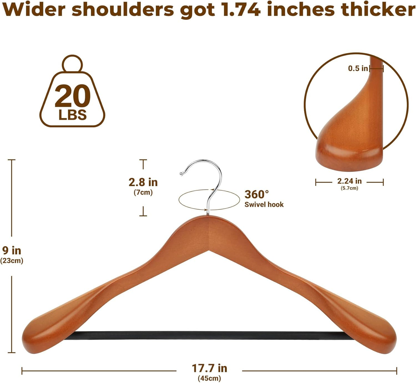 MEQUTION Wooden Coat Hangers - Extra Wide Shoulder Design for Heavy Coats & Suits | 8-Pack in Walnut Finish
