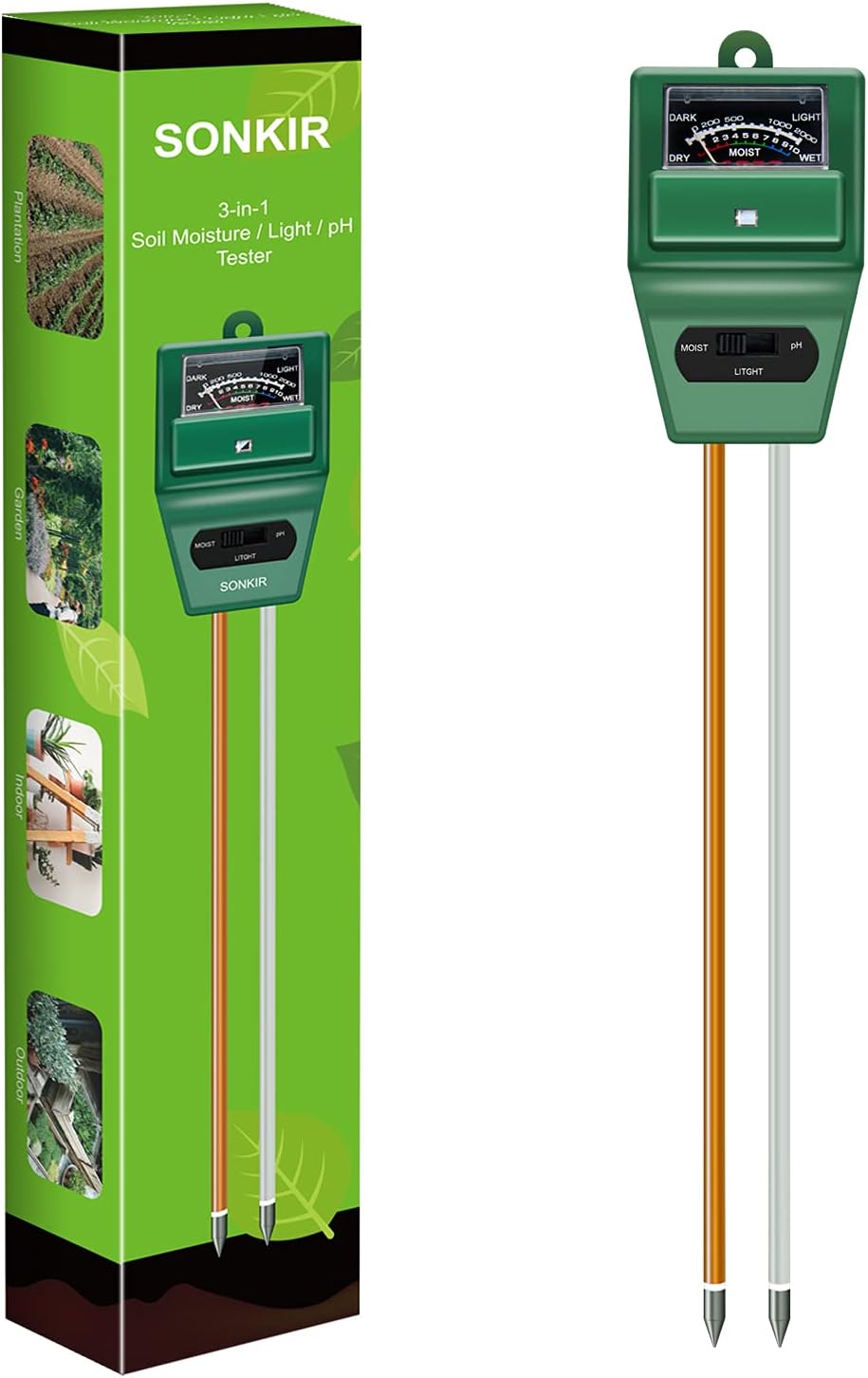 SONKIR Soil pH Meter - 3-in-1 Moisture, Light & pH Tester for Gardening | Ideal for Indoor & Outdoor Use (Green)