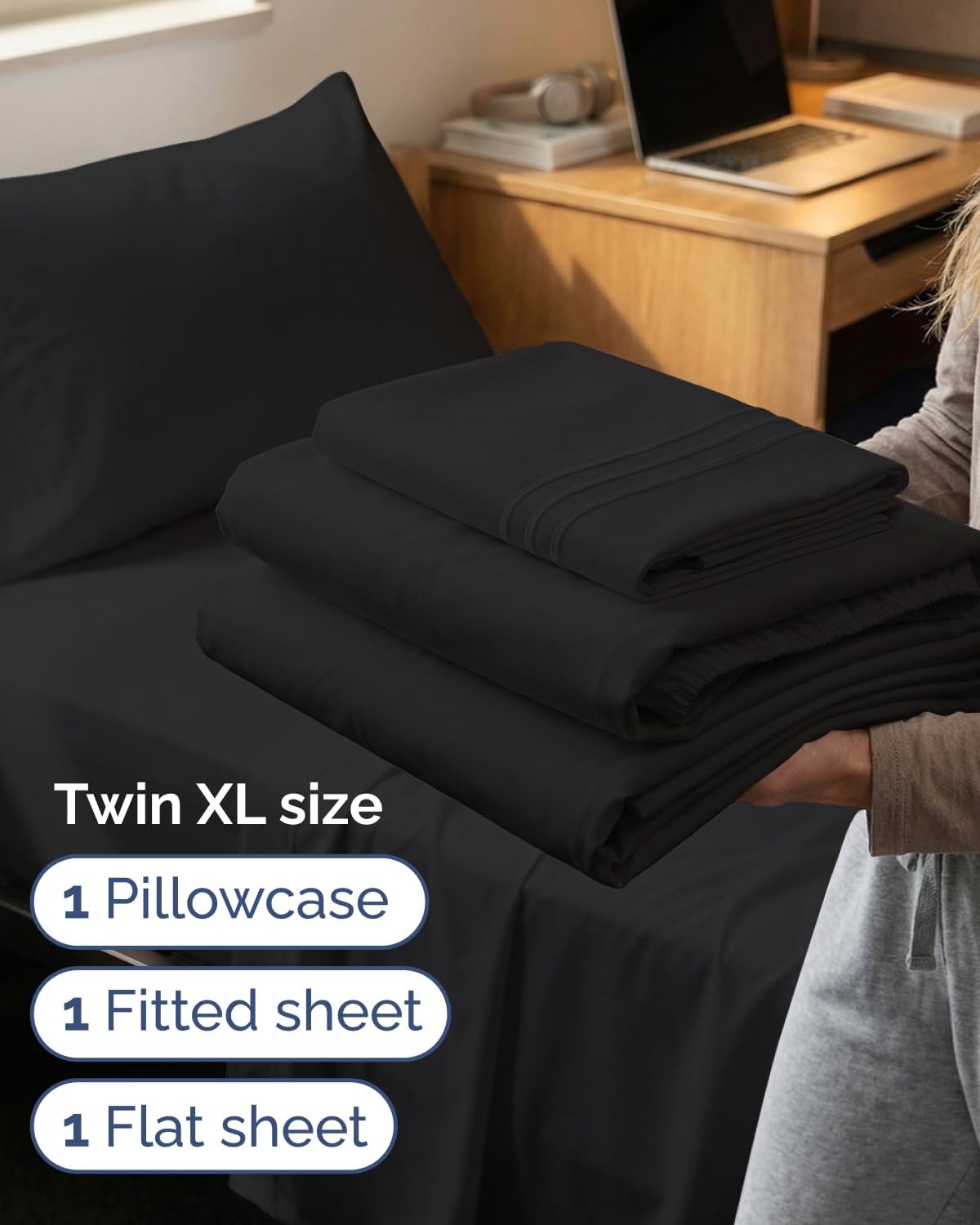 Skiennix Twin XL Sheet Set - Comfy Cooling Bed Sheets | Ultra-Soft, Deep Pockets, Wrinkle-Free - Black