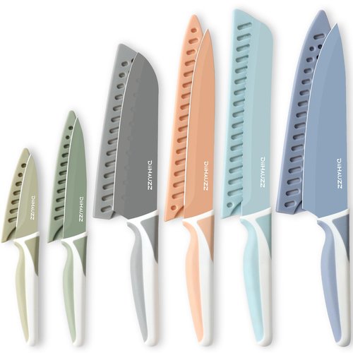DiiHAUZZ Knife Set, 12 Pieces Kitchen Knives Set with Healthy Non-Stick Coating, Dishwasher Safe Anti-Rust Stainless Steel Knives with 6 Blade Guards, Ergonomic Handles, Ideal Gift Set