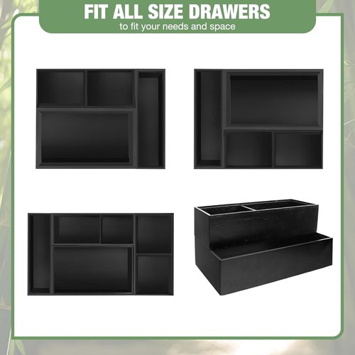 Bamboo Drawer Organizer - 5 PCS Black Silverware Tray & Desk Storage | Removable Cabinet Dividers for Kitchen & Office