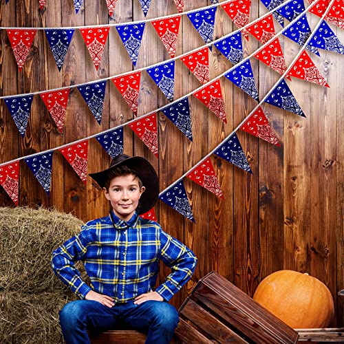 Frienda 6 Pack Western Cowboy Party Decorations Bandana Pennant Banner Christmas Wild West Rodeo Decor Red and Blue Country Decorations for Cowboy Themed Party Decoration, 9.8 Feet