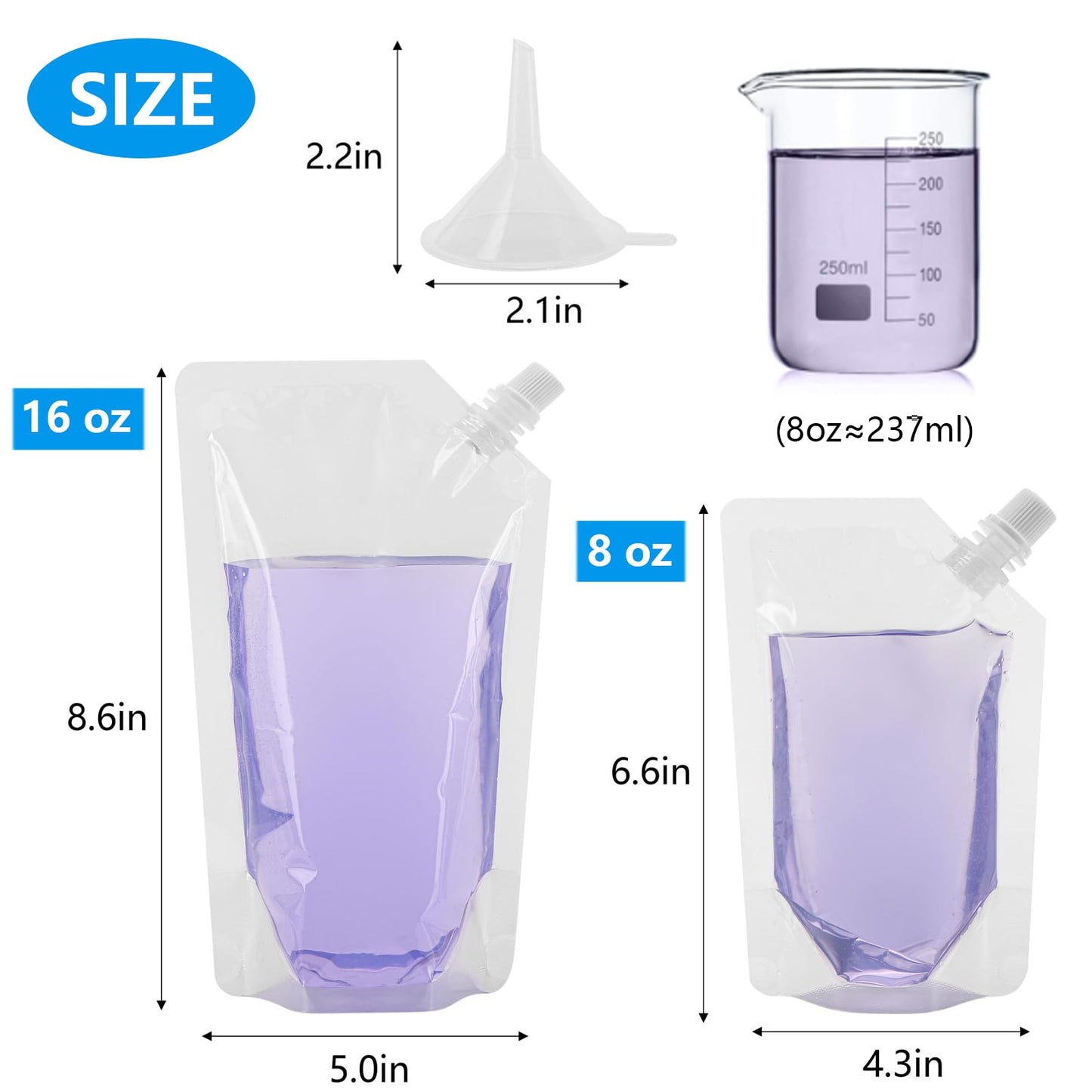 20 Pcs Plastic Flasks with Little Funnel, 8 Oz and 16 Oz Portable Leak-proof Juice Drink Pouches for Travel, Concerts, Camping