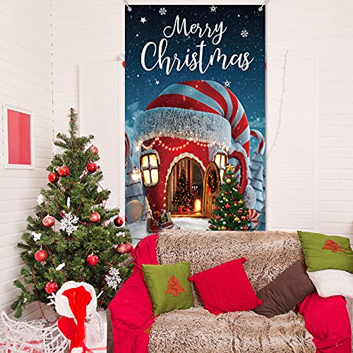 Irenare Christmas Decorations Merry Christmas Door Cover Xmas Background Banner Xmas Door Hanging Covers Photo Booth Props for Winter Party Decorations Supplies, 70.9 x 35.4 Inch (Classic Style)