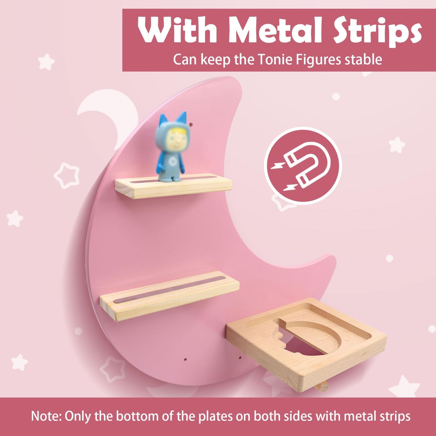 Taladad for Toniebox 2 and Toniebox 1 Tonie Shelf Wall Mounted Set of 4 (Moon and 3 Stars),Tonies Figures Tonies Storage,Magnetic Wooden Floating Shelves Compatible with Tonie Box Player Character