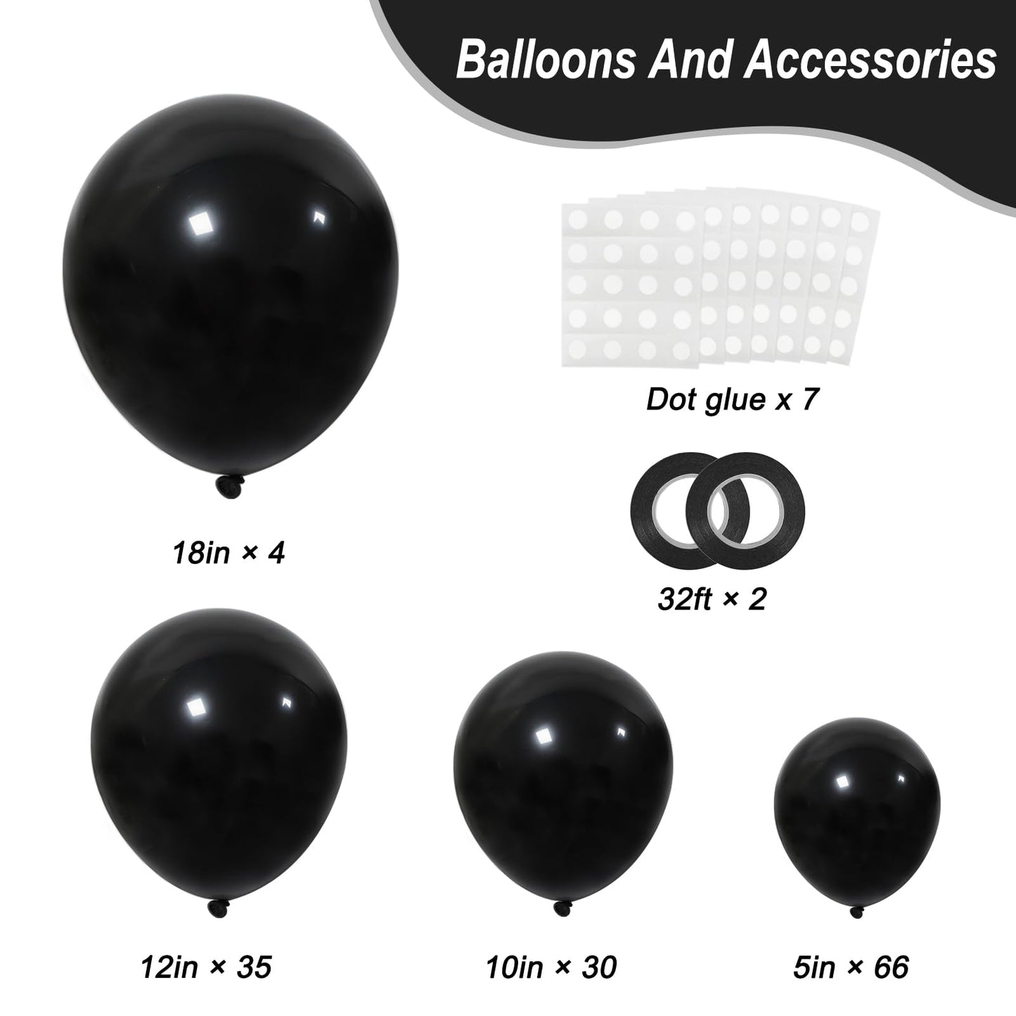 RUBFAC 135pcs Black Balloons Different Sizes 18 12 10 5 Inch for Garland Arch, Latex Balloon for Halloween Party Birthday Wedding Decorations