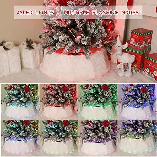 24 inch Christmas Tree Collar, 17 Light Modes White Plush Tree Collar Decoration with Remote, Round Christmas Tree Collars Ring for Christmas Artificial Pencil Trees Decor