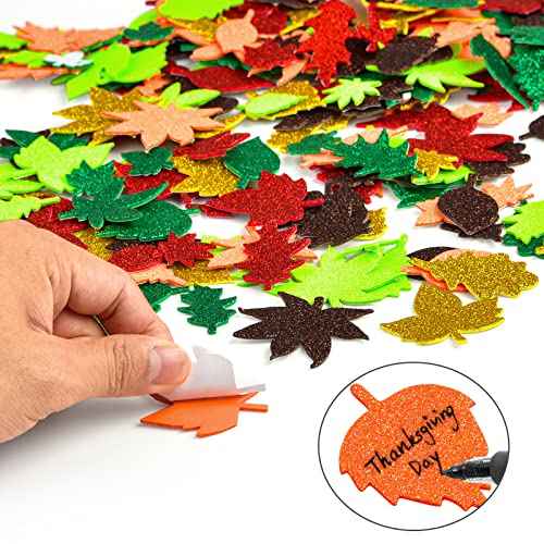 Coopay Glitter Fall Leaf Stickers - Adhesive Foam Maple Leaves for Christmas, Thanksgiving, Halloween - Assorted Autumn Shapes for Art Craft and Party Decoration