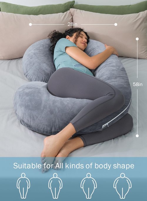 INSEN Pregnancy Pillow - C Shaped Maternity Pillow with Jersey Cotton Cover | Gray Color