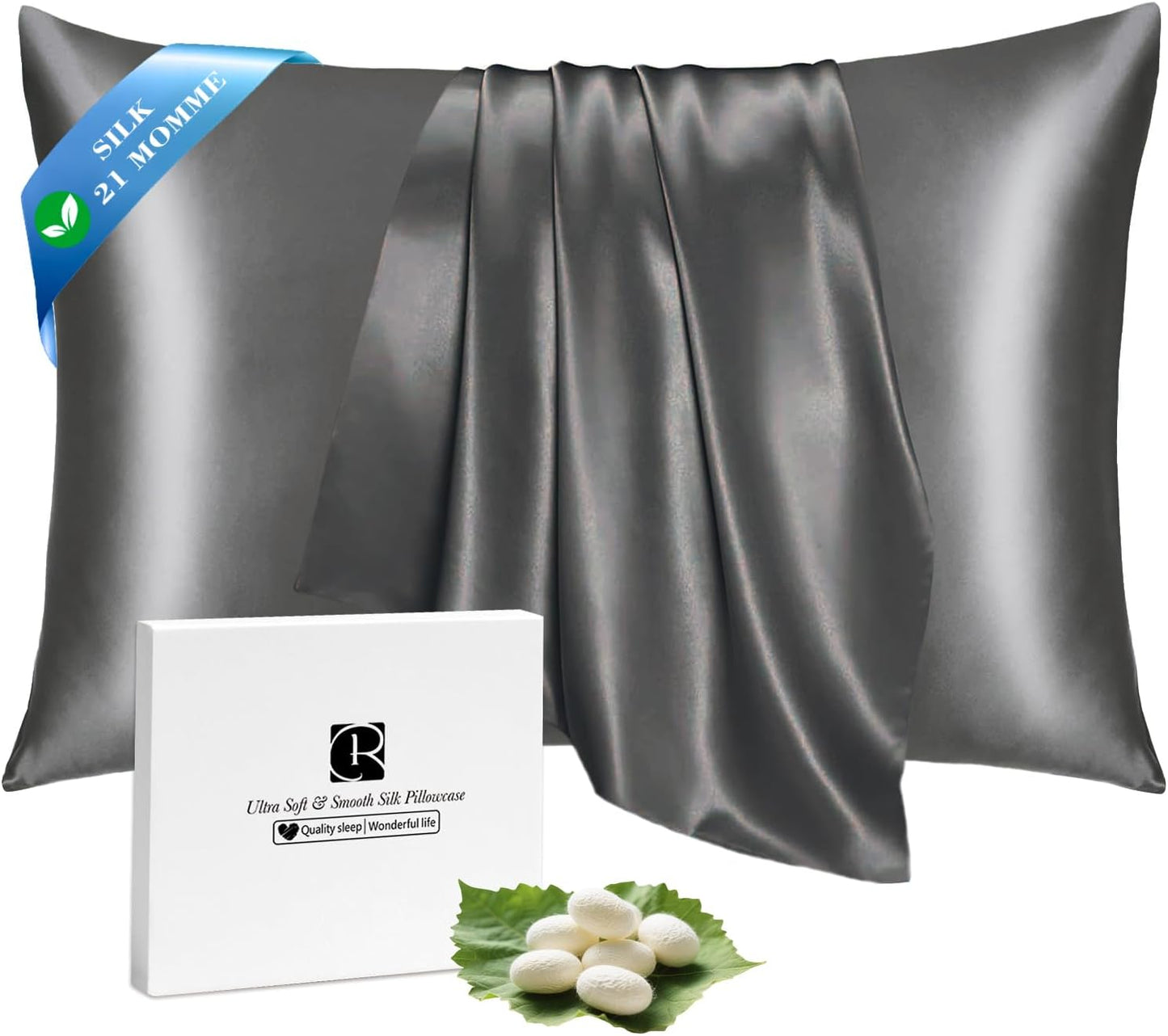 Ravmix 100% Silk Pillowcase - 21 Momme Mulberry Silk for Hair & Skin Health | Soft & Breathable, Queen 20"x30", Space Grey