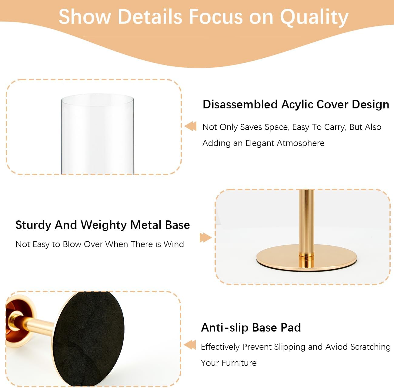 VINCIGANT 6PCS Acrylic Candle Holders - Elegant Metal Tall Holders with Lampshade for Weddings & Parties | Gold