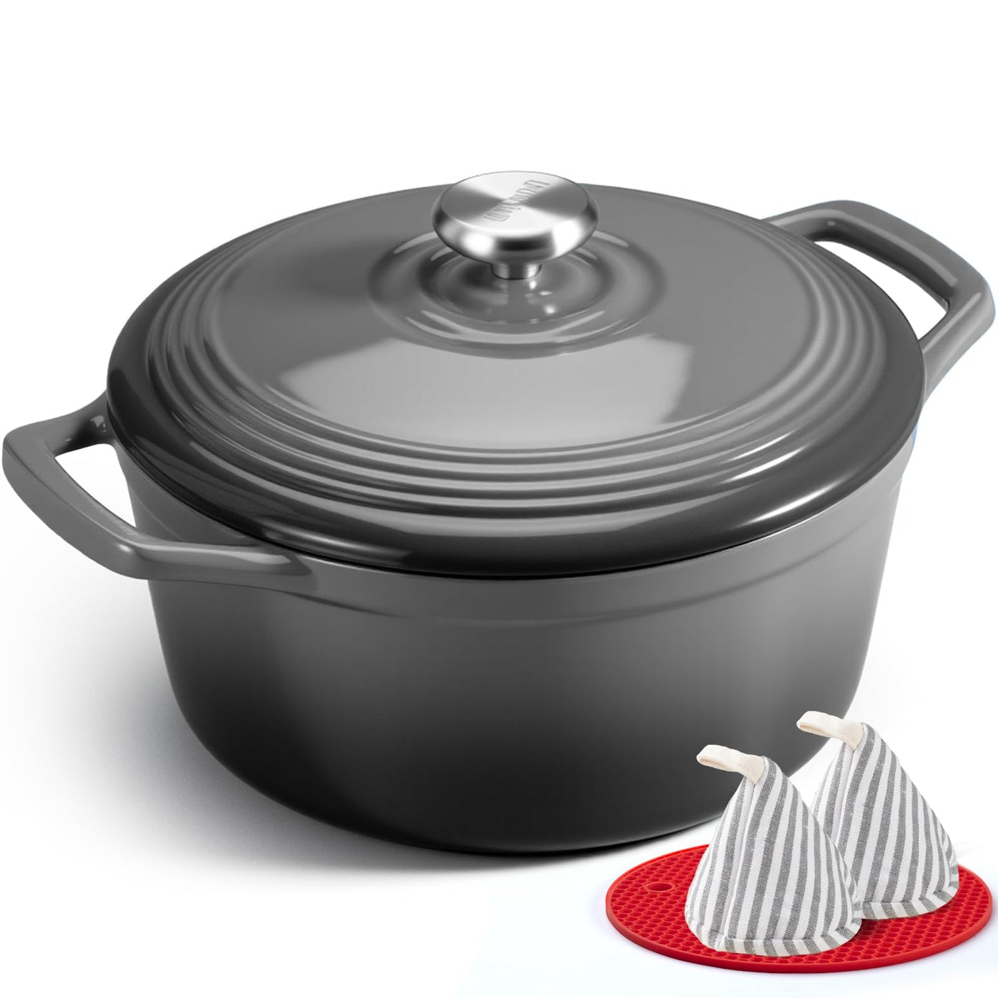 Overmont Enameled Cast Iron Dutch Oven - 5.5QT Pot with Lid Cookbook & Cotton Potholders - Heavy-Duty Cookware for Braising, Stews, Roasting, Sourdough Baking Grey