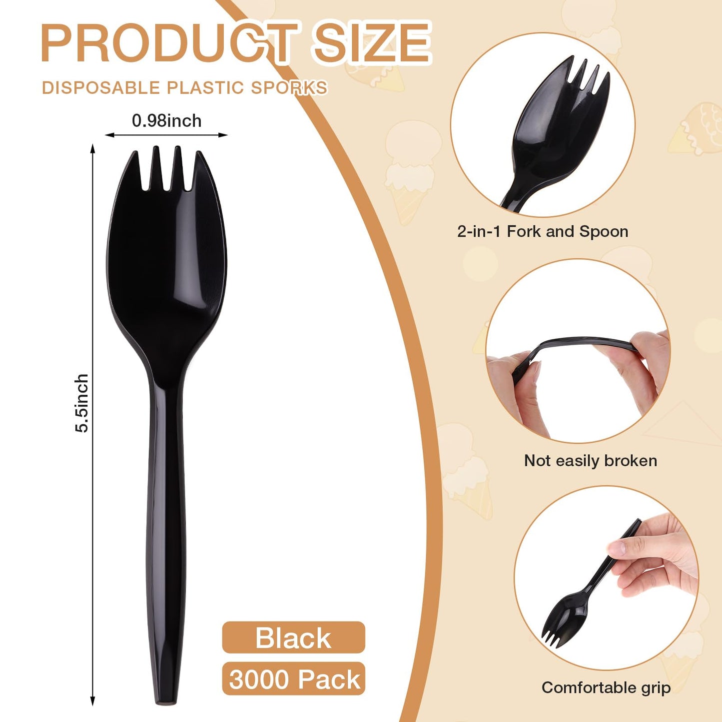 Eaasty 3000 Count Plastic Disposable Sporks Bulk Cutlery Spork 2 in 1 Heavy Weight Fork Spoon for Thanksgiving Fall Outdoor Activities School Picnics Parties Restaurants(Black)