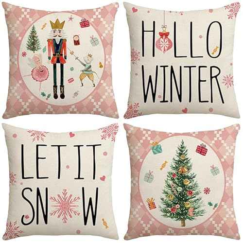 Christmas Pillow Covers 18x18 Inch Set of 4, Nutcracker Pink Hello Winter Let It Snow Christmas Tree Winter Holiday Decor Throw Cushion Case for Home Couch