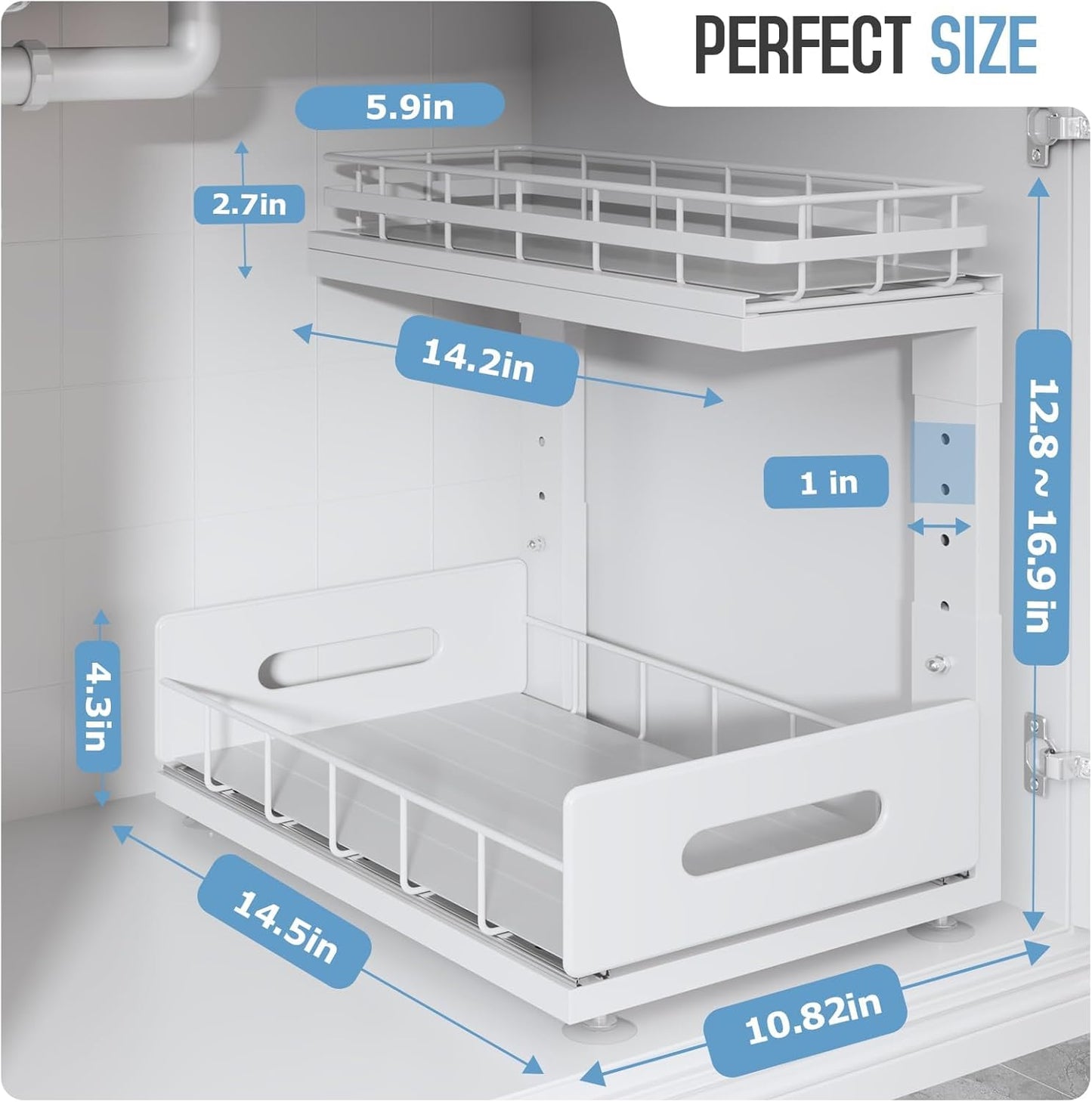 Under Sink Organizer | Professional 2-Tier Dual Pull-Out Cabinet Storage - Height Adjustable Drawers, 2 Pack, White