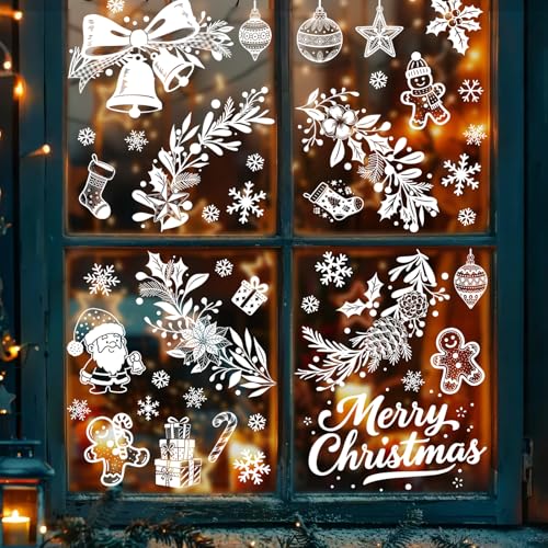 Tanlaby 9 Sheets White Christmas Window Clings Xmas Wreath Window Stickers Snowflake Santa Window Decals Static for Glass Windows Doors Xmas Home Decor Party Supplies