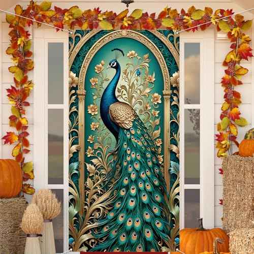 Peacock Door Cover Happy Diwali Photo Backdrop Indian Deepavali Festival of Lights Christmas Party Decorations and Supplies for Home-71¡¿35''