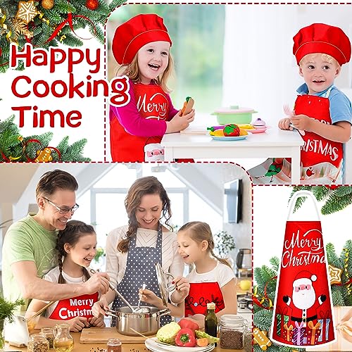 Hoolerry 4 Set Christmas Kids Apron and Chef Hat Boys Girls Red Aprons Hats Snowman Deer Elf Santa Apron for Kitchen Baking Cooking Kitchen Painting Wear(Vivid)