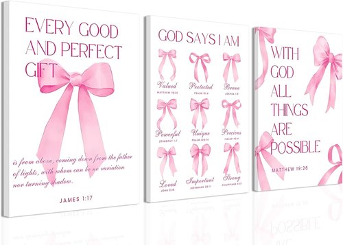 Coquette Pink Bow Wall Art | Inspirational Bible Verse Decor | 12x16 Inch Set of 3 for Teen Girls
