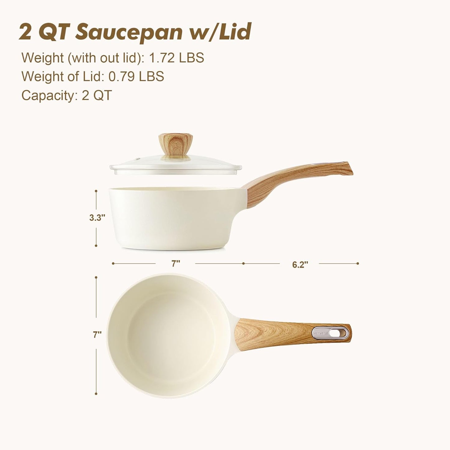 SENSARTE Ceramic Nonstick Sauce Pan - 2 Quart White Cooking Pot with Lid & Stay Cool Handle