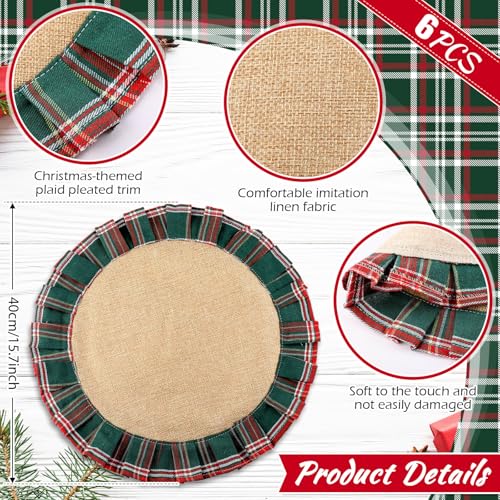HunnmingRe 6-Pack Round Christmas Plaid Placemats – Red & Green, 15.75in